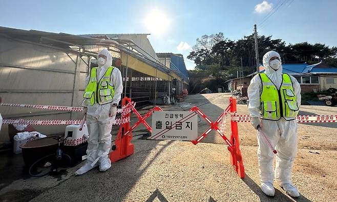 가축위생방역지원본부 직원들이 23일 럼피스킨병이 확진된 충남 서산의 한 한우농장 입구에서 출입을 통제하고 있다. 송인걸 기자