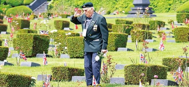 지난 7월 27일 부산 남구 유엔기념공원에서 영국 참전용사 레이몬드(92) 옹이 전우에게 헌화하고 있다. /한경DB