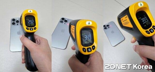 사진 왼쪽부터 게임 시작 전 기기 온도, 원신 15분 실행 후 기기온도, 원신 30분 실행 후 기기 온도 (사진=지디넷코리아)