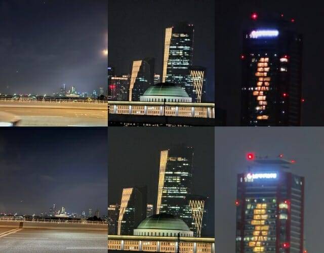 갤럭시S23 울트라(위쪽)와 아이폰15 프로맥스 1배, 10배, 25배 줌 확대 야경사진 (사진=지디넷코리아)