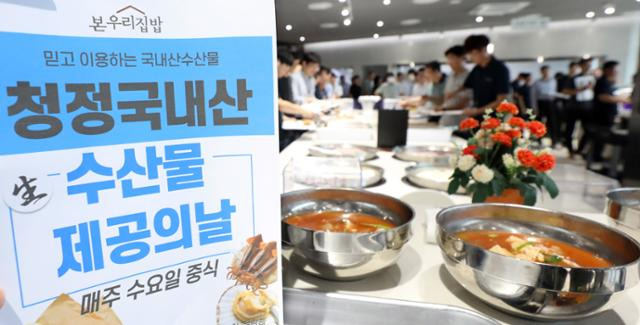 지난달 13일 정부세종청사 중앙동 구내식당에서 공무원들이 국내산 수산물로 만든 고등어구이와 꽃게를 배식받고 있다. 행정안전부 정부청사관리본부는 4주 동안 매주 수요일에 세종·서울·과천·대전 등 정부 청사 17개 구내식당에서 수산물로 만든 점심을 제공한다고 밝혔다. 뉴스1