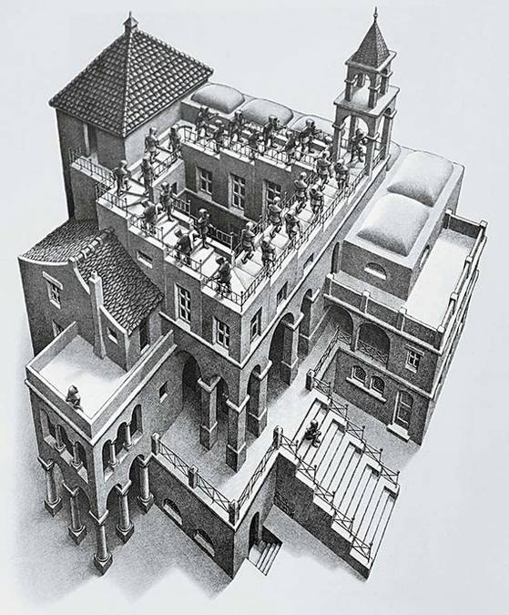 Maurits Cornelis Escher (1898-1972)'s painting "Ascending and Descending" (1960) [WIKIPEDIA]