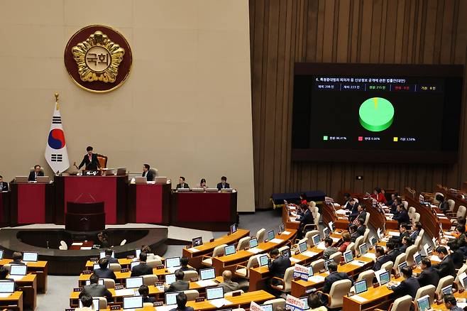 지난 6일 오후 서울 여의도 국회에서 열린 제410회 국회(정기회) 제9차 본회의에서 '머그샷'을 공개하는 특정중대범죄 피의자 등 신상정보 공개에 관한 법률안이 가결되고 있다. /뉴스1