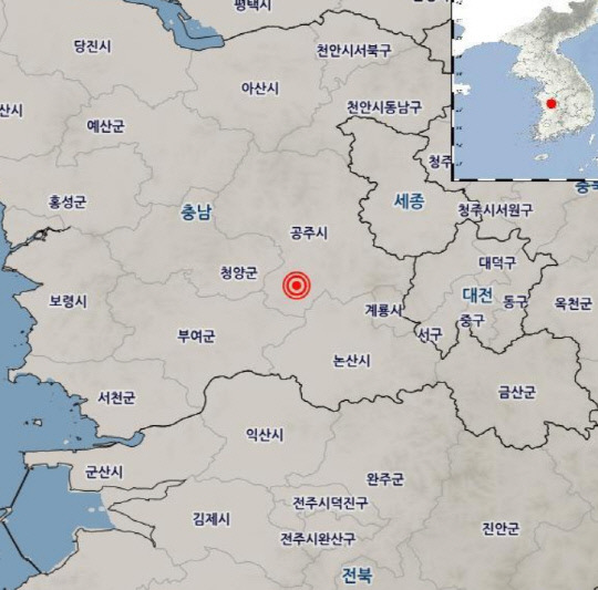 3.4규모지진이 발생한 공주 남남서쪽 12km 지점 진앙지. 사진=기상청 제공