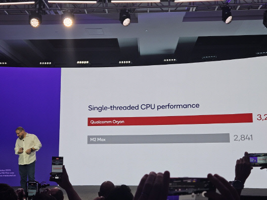 크리스티아노 아몬 퀄컴 CEO(최고경영자)가 오라이온과 애플의 M2 벤치마크 성능 결과를 발표하고 있다. 김나인 기자