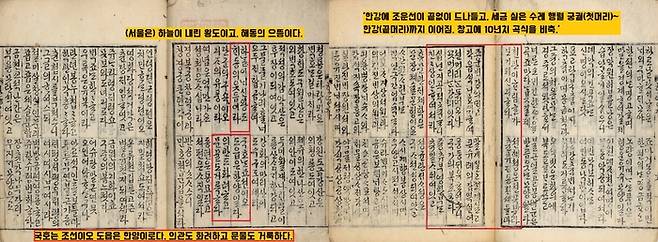 <한양가>는 ‘서울은 하늘이 내린 왕도이자 해동의 으뜸’이라면서 “외관도 화려하고 문물도 가득하다’고도 한다. 또 “한강에 조운선이 끝없이 드나들고, 세금을 가득실은 수레 행렬이 궁궐(첫머리)~한강(끝머리)까지 이어졌다. 나라창고에 10년 곡식을 비축했다”고도 했다. |국립중앙도서관 소장