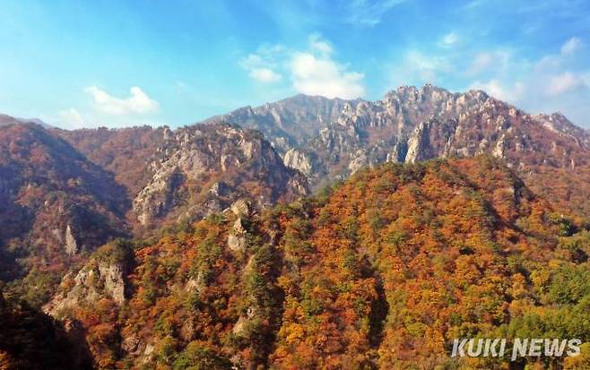 24일 설악산이 울긋불긋 단풍으로 고운 자태를 자랑하고 있다. 설악산에서 절정을 이룬 단풍으로 빠른 속도로 남하 중이다.