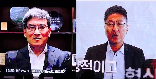 송재혁(왼쪽) 삼성전자 DS부문 최고기술책임자(CTO) 겸 반도체연구소장 사장과 한진만 삼성전자 DSA 부사장. 김지헌 기자.