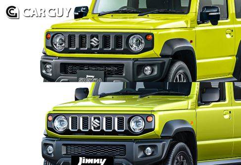 일본 사양의 짐니 시에라 3도어(위쪽&nbsp;사진). 자세히 보면 전면의 5개 그릴이 블랙으로만 되어 있어 5도어(아래쪽 사진)의 도금 장식과 느낌이 살짝 다르다