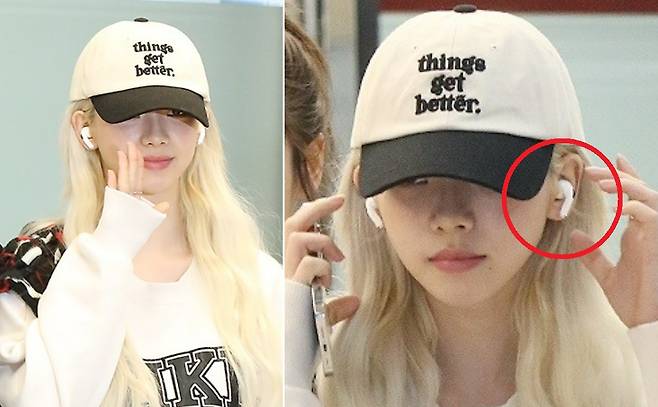 걸그룹 에스파의 멤버 카리나 귀에 꽂은 ‘에어팟’. 작은 얼굴 때문에 에어팟이 유독 더 커 보인다. [사진=헤럴드POP]