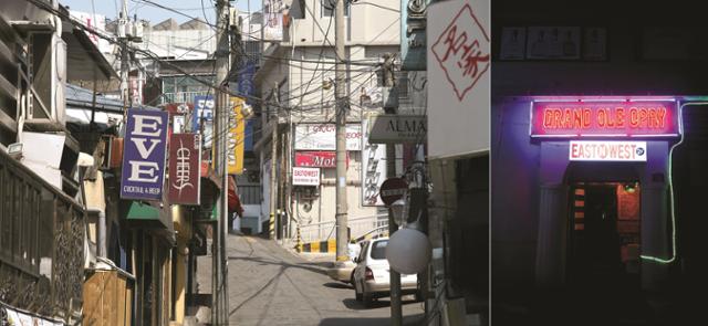 서울역사박물관이 2010년 발간한 '이태원:공간과 삶'에 담긴 이태원 후커힐의 낮(왼쪽)과 밤 풍경. 오른쪽은 후커힐의 미군전용클럽 모습이다. 서울역사박물관 제공