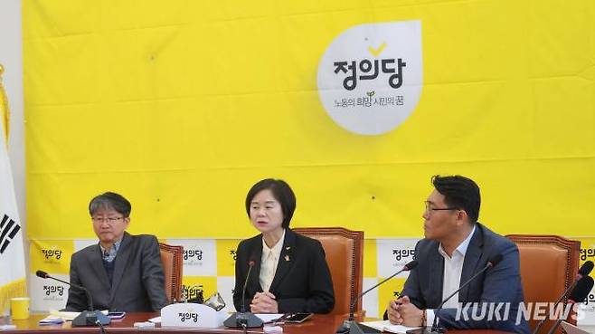 29일 오전 국회에서 열린 취임 1주년 기자간담회에서 발언하는 (가운데) 이정미 정의당 대표. 사진=황인성 기자