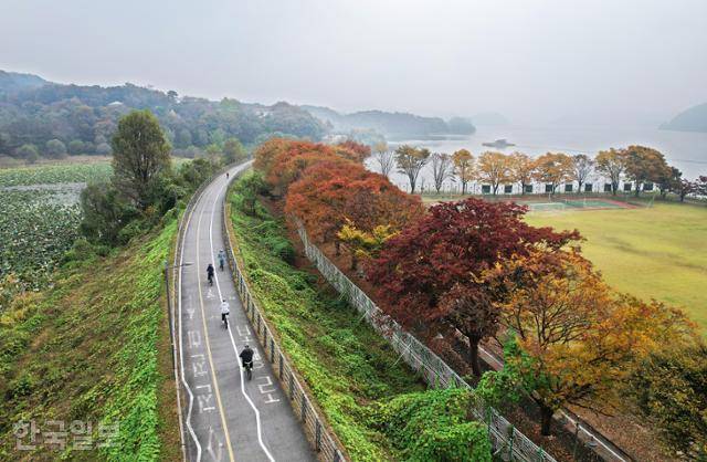 남한강자전거길 주변의 단풍이 곱게 물들었다.