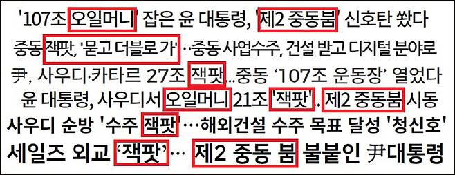 ▲ 중동 외교 성과를 '잭팟' '중동 붐'으로 부각해 보도한 기사 제목. 사진=민주언론시민연합