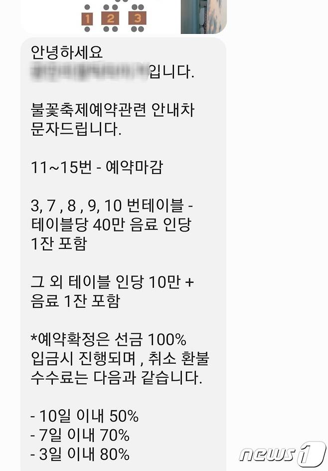 오는 4일 제18회 부산 불꽃축제가 개최되는 가운데 광안리 해변 한 음식점에 좌석 예약 문의를 하니 테이블당 최대 40만원(음료 포함)이라는 답장이 왔다. 2023.11.1/뉴스1 ⓒ News1 조아서 기자