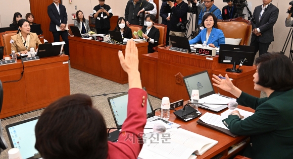 권인숙 국회 여성가족위원회 위원장이 2일 서울 여의도 국회에서 열린 여성가족위원회의 여성가족부 등에 대한 국정감사에서 여야 의원들의 의견을 듣고 있다. 2023.11.2 오장환 기자