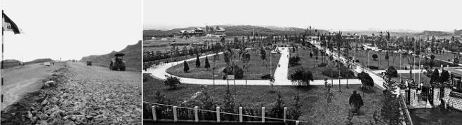 1971년 3월 도산대로 일대 개발공사가 진행되고 있다(왼쪽). 오른쪽은 1975년 6월 촬영한 도산공원의 전경. 독립운동가 안창호의 묘소가 있는 이 공원은 그의 호를 따 도산공원으로, 이 앞을 지나는 길 역시 도산대로로 명명되었다. [강남구청]