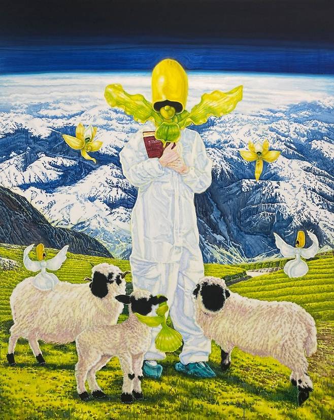 장종완, 식물성 로맨티스트 (A Veggie Romantist), 2023, Acrylic gouche on linen, glitter, 227.3 x 181.8 cm. 파운드리 서울 제공.