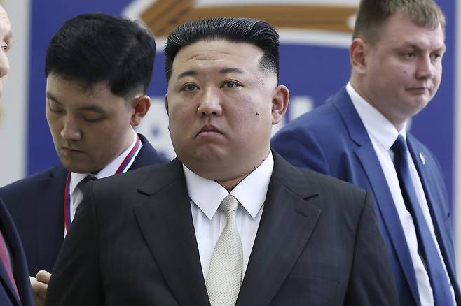 North Korea's leader Kim Jong-un, (center) examines a rocket assembly hangar at the Vostochny Cosmodrome outside the city of Tsiolkovsky, in Russia's Far East, on Wednesday, Sept. 13, 2023. (AP)