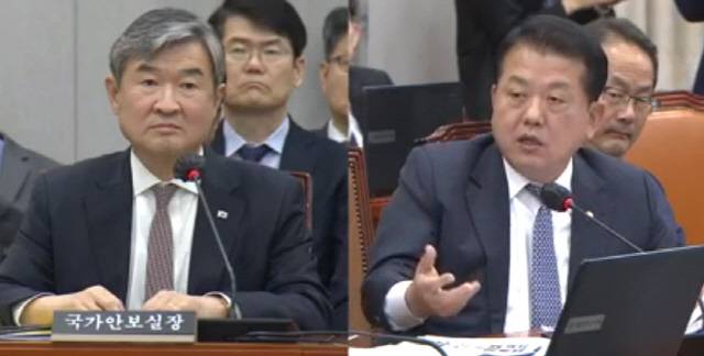 김병주(오른쪽) 민주당 의원이 7일 국회 운영위원회 대통령실 국정감사에서 발언하고 있다. 왼쪽은 조태용 대통령실 국가안보실장. 국회 영상회의록 갈무리