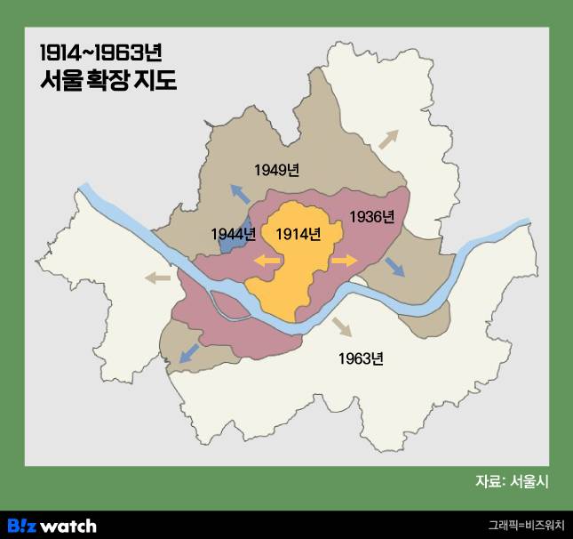 1914-1963 서울 확장 지도. /그래픽=비즈워치.