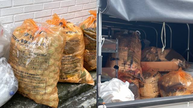 대용량 일반쓰레기 봉투에 가득 담긴 팝업스토어 폐기물들. 사진=차민주 인턴기자