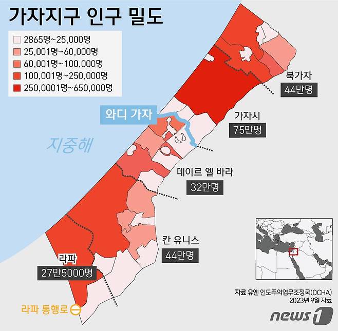 가자지구는 북가자, 가자시, 데이르 엘-바라, 칸 유니스, 라파 등 5개 지역으로 구성돼 있다. 와디가자 위로 북가자와 남가자로 갈린다.  ⓒ News1 윤주희 디자이너