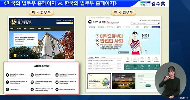 김수흥 의원이 미국 법무부 홈페이지와 한국 법무부 홈페이지를 비교하는 자료를 회의장에 띄운 모습. /국회방송