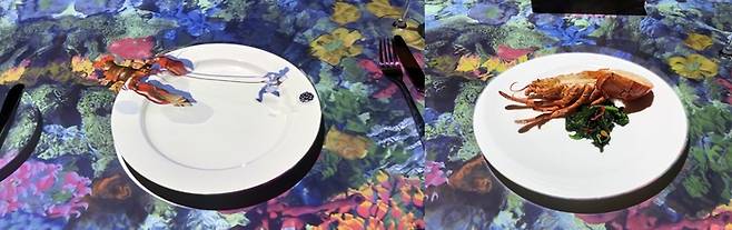 ‘르 쁘띠 셰프’의 영상(왼쪽 사진)과 상영 이후 실제로 서빙된 요리(오른쪽 사진).