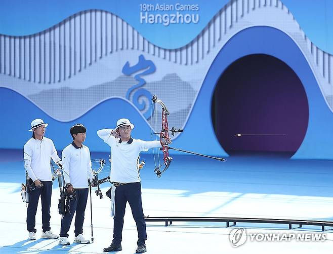 남자 컴파운드 양궁 대표팀의 항저우 아시안게임 경기 장면 [연합뉴스 자료사진]