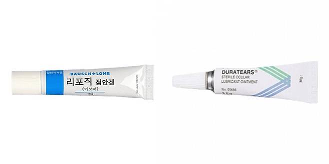점안겔과 안연고는 인공눈물보다 점성이 강해 눈에 오래 머무르므로 촉촉함이 오래 유지될 수 있다. 왼쪽은 리포직점안겔, 오른쪽은 듀라티얼즈안연고/사진=바슈헬스코리아,한국알콘