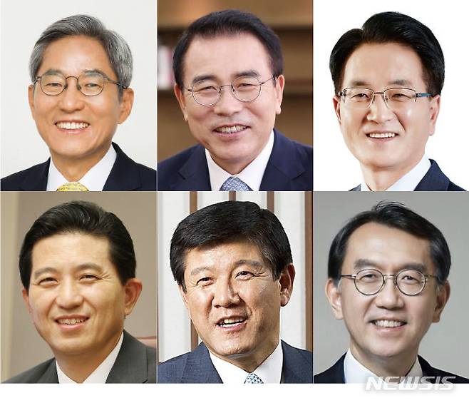 [서울=뉴시스](윗줄 왼쪽부터)윤종규, 조용병, 손병환 (아랫줄 왼쪽부터)임영록, 조준희, 박진회 은행연합회장 후보