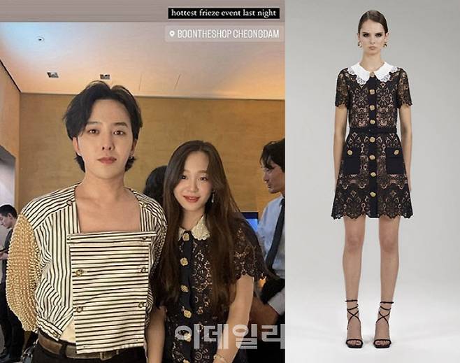 지난 9월 대림그룹 3세 이주영 씨는 인스타그램 스토리에 ‘어젯밤 가장 뜨거웠던 프리즈 이벤트(hottest frieze event last night)’라는 글과 함께 지드래곤과의 투샷 사진을 게재했다. (사진=이주영씨 인스타그램 캡처·신세계인터내셔날)