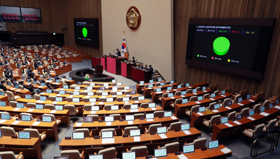 지난 9일 서울 여의도 국회 본회의장에서 열린 제410회 국회(정기회) 제11차 본회의에서 국민의힘 의원들이 불참한 채 ‘노동조합 및 노동관계조정법’ 일부개정법률안이 통과되고 있다.(사진=뉴스1)