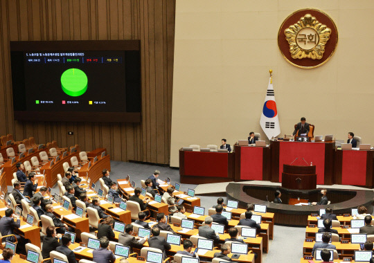 지난 9일 국회에서 열린 본회의에서 노동조합 및 노동관계조정법 일부개정법률안이 가결되고 있다. 사진=연합뉴스