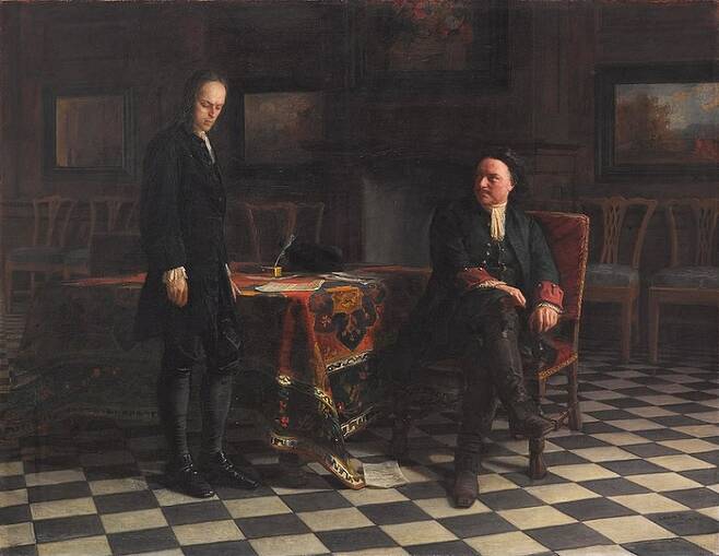 아들 알렉세이(왼쪽)를 꾸짖는 표트르 1세. 니콜라이 게가 1871년 그린 그림이다. 러시아 역사에서 유명한 일화.