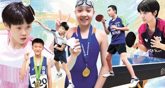 소년중앙이 올가을 항저우 아시안게임으로 주목받은 배드민턴·수영·육상·탁구 등에서 활약 중인 초·중학생 선수들을 만났다. 왼쪽부터 시계방향으로 한예슬(경기도 진말초 6)·곽시헌(충북 장야초 6)·송기범(충남 당진초 6)·이윤지(서울 대방초 6)·이승수(대전 동문초 6)·허예림(전북 이일여중 1) 선수.
