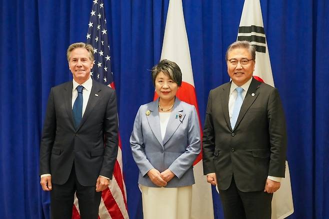 왼쪽부터 토니 블링컨 미국 국무장관, 가미카와 요코 일본 외무상, 박진 외교부 장관. (외교부 제공)