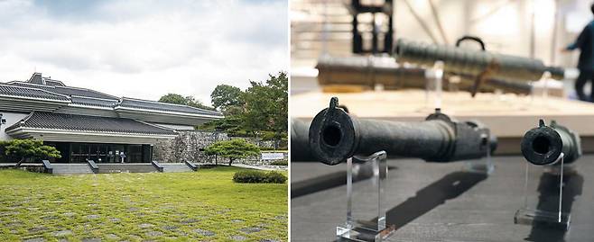 진주성 안에 위치한 국립진주박물관. 조선 최초의 시한폭탄 '비격진천뢰' 등 국보급 무기를 전시해 '밀리터리 덕후'들의 눈길을 끈다. 오른쪽은 조선 중기에 제작된 서양식 청동제 화포 '불랑기'. /김종연 영상미디어 기자·국립진주박물관