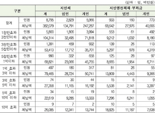 체납규모별 지방세 체납 현황. <행안부>