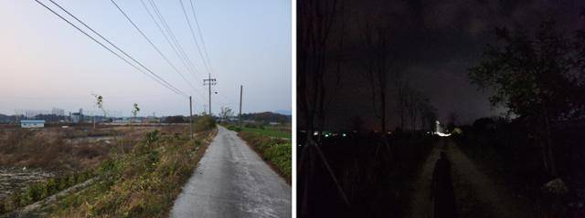 지방 공공체육시설은 주거지와 멀리 떨어져 지역 주민들이 쉽게 접근하기 어려운 경우가 많다. 충북 청주시 내수생활체육공원은 가장 가까운 버스 정거장에서 30분 정도 논두렁을 걸어야 하는데, 밤이되자 버스 정류장으로 가는 길을 한치 앞도 분간하기 어려웠다. 내수생활체육공원으로 접근하는 길의 낮(왼쪽)과 밤. 사진=송주용 기자.