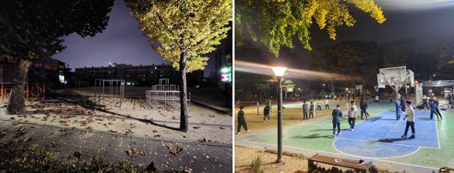 지난달 31일 오후 8시, 서울 양천구에 위치한 신서초등학교 운동장(왼쪽)이 텅 비어있다. 이 학교와 걸어서 15분 정도 떨어진 양천공원에는 농구와 배드민턴을 즐기는 청소년들이 많았다. 송주용 기자