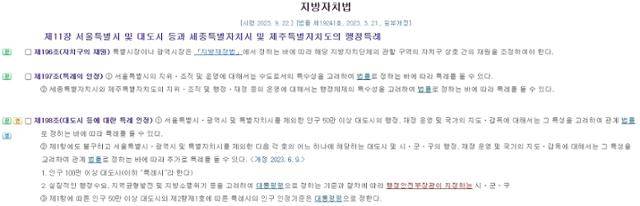 시군구 권한 예외를 인정하는 특례 관련 내용이 담긴 지방자치법 198조.