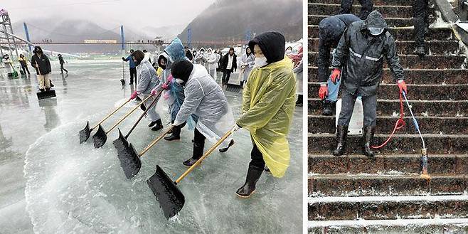 물 퍼내고… 토치로 언 계단 녹이고 - 겨울비가 내린 지난 13일 강원 화천군의‘산천어축제’행사장에서 구청 직원과 주민 등이 넉가래를 들고 빙판에 고인 물을 밖으로 빼내고 있다.(왼쪽 사진) 15일에는 눈까지 내리는 바람에 행사 관계자들이 얼어붙은 계단을 토치를 이용해 녹이고 있다.(오른쪽) /화천군