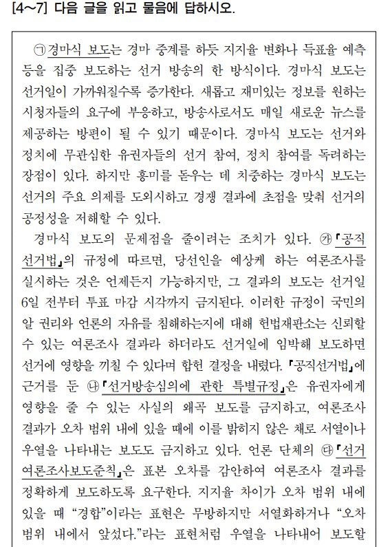 2024학년도 대학수학능력시험 국어영역 4~7번 문제의 제시문. 한국교육과정평가원