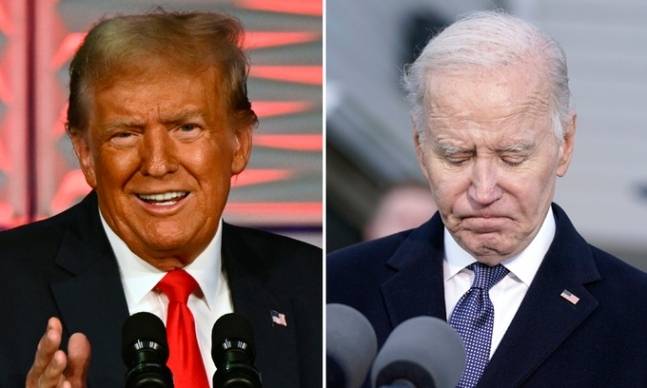 조 바이든 대통령과 도널드 트럼프 전 대통령이 각각 지난 3일(현지시간)과 4일 메인주와 플로리다주에서 열린 행사에 참석해 연설 중이다. 루이스턴·키시미=APUPI연합뉴스