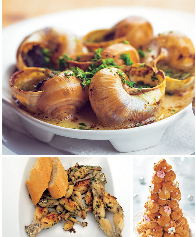 달팽이 요리 ‘에스카르고 아 라 부르기뇽’(위 큰 사진)은 프랑스 요리 하면 떠오르는 것 중 하나다. 마늘과 허브로 요리한 개구리 다리(아래 왼쪽)는 17세기 이후 명물이 됐으며 크로캉부슈(오른쪽)는 프랑스 결혼식에서 흔히 보는 전통적인 디저트다. 니케북스 제공
