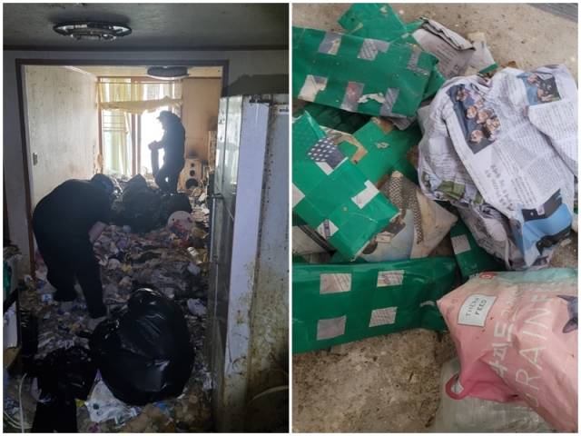 '동물과의 아름다운 단체'가 제공한 A씨의 집을 청소할 당시의 모습이다. 보호단체는 "집에는 발 디딜틈 없이 쓰레기와 고양이 사체가 섞여 있었다"고 전했다. 고양이 사체는 쓰레기들과 함께 신문지에 쌓여 버려졌다. '동물과의 아름다운 단체' 제공