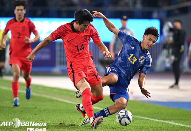 이한범(14번)이 제19회 중국 항저우아시안게임 남자축구 금메달 결정전에서 일본 공격을 저지하고 있다. 사진=AFPBBNews=News1