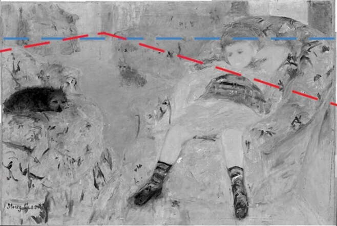 커샛이 원래 그렸던 선(파란색)과 드가가 고쳐준 선(빨간색). 덕분에 그림에 깊이감이 더해졌다. 워싱턴 내셔널갤러리의 적외선 분석으로 밝혀졌다. /워싱턴 내셔널갤러리 제공